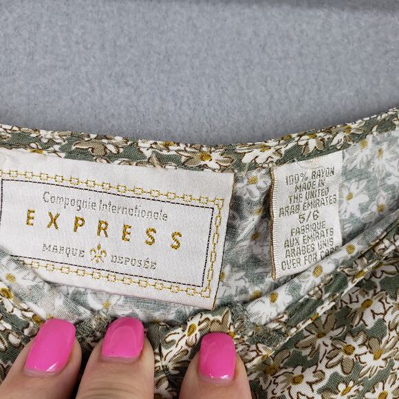 Vintage Express Size 5/6 Button Front Mini Skirt Green Cream Ditzy Microfloral - Picture 7 of 9